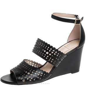 Tory Burch Black Cutout Leather Perforated Gladiator Wedge Ankle Strap Sandals